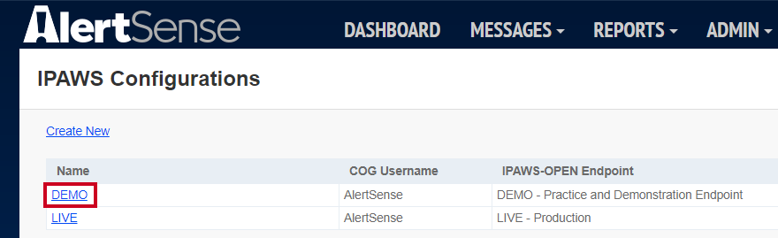 An existing example Demo link below the Create New link on the IPAWS Configurations page.