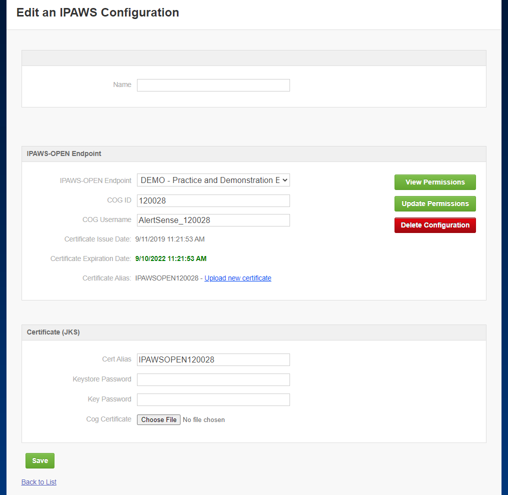 The full Edit an IPAWS Configuration page with Name, IPAWS-OPEN Endpoint, and Certificate (JKS) sections.