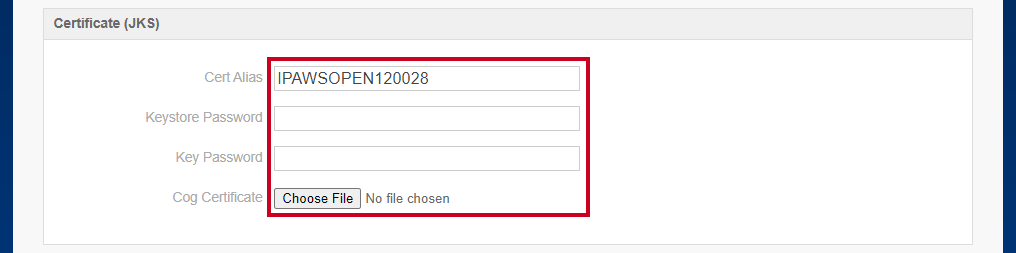 The Certificate (JKS) section with fields that define the COG certificate.