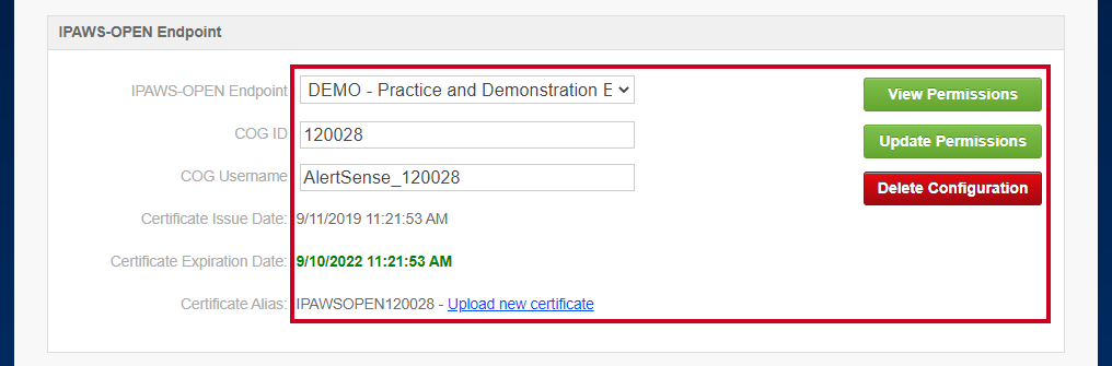 The IPAWS-OPEN Endpoint section with fields that help define the COG.