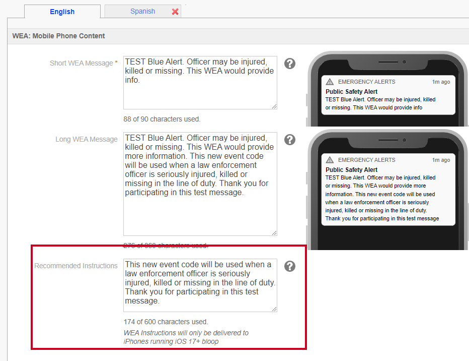 IPAWS Recommended Instructions field.