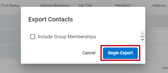 A blue, rectangular Begin Export button at the bottom of the Export Contacts dialog.
