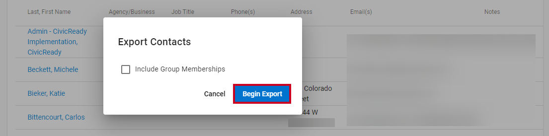 A blue, rectangular Begin Export button at the bottom of the Export Contacts dialog.