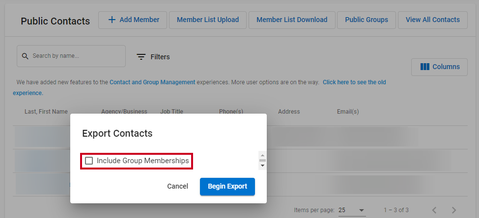 A checkbox labeled Include Group Memberships on an Export Contacts dialog.