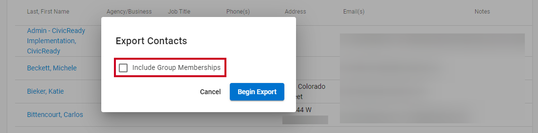 A checkbox labeled Include Group Memberships on an Export Contacts dialog.