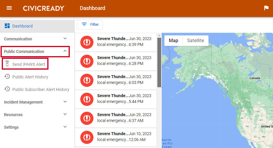 The Mass Notification system dashboard and left menu with the Public Communication and Send IPAWS Alert options highlighted.