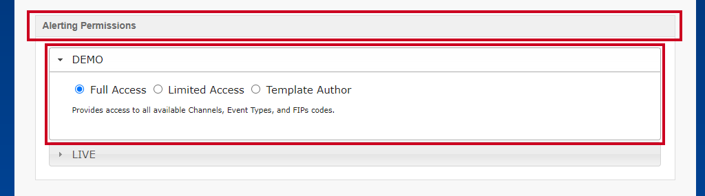 The Demo dropdown option within the Alerting Permissions section.