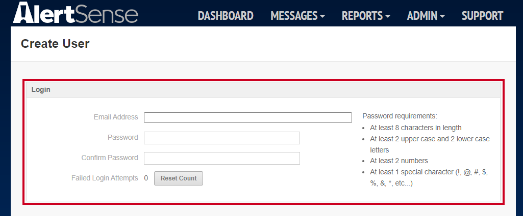 The Login section with Email and Password fields.