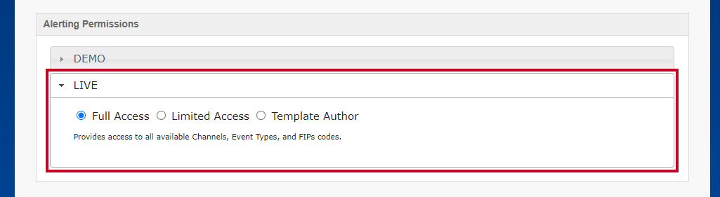 The Live dropdown option within the Alerting Permissions section.