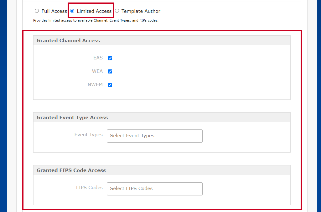 The Limited Access radio button and various Access checkboxes within the Alerting Permissions section.