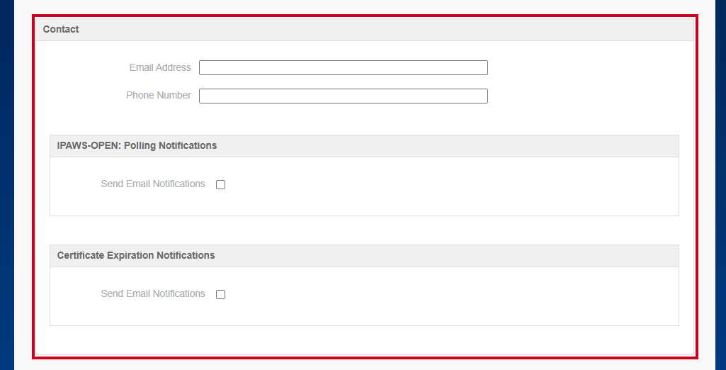 The Contact section with Email, Phone Number, and two notification fields.