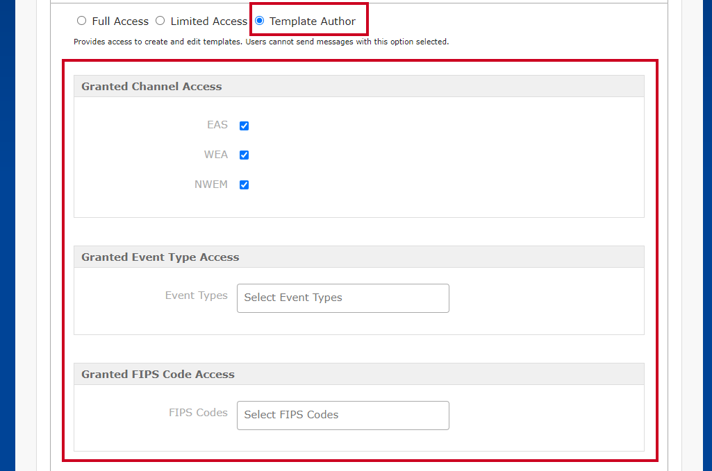 The Template Author radio button and various Access checkboxes within the Alerting Permissions section.