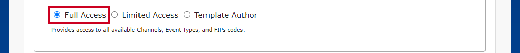 The Full Access radio button within the Alerting Permissions section.