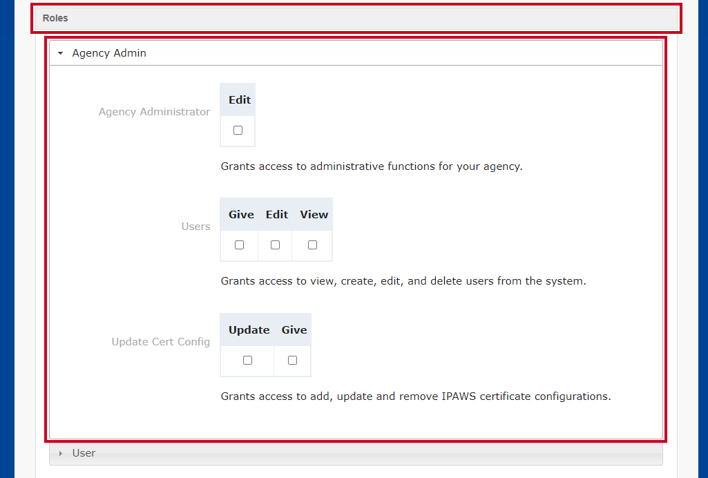 The Agency Admin dropdown and multiple checkboxes within the Roles section.
