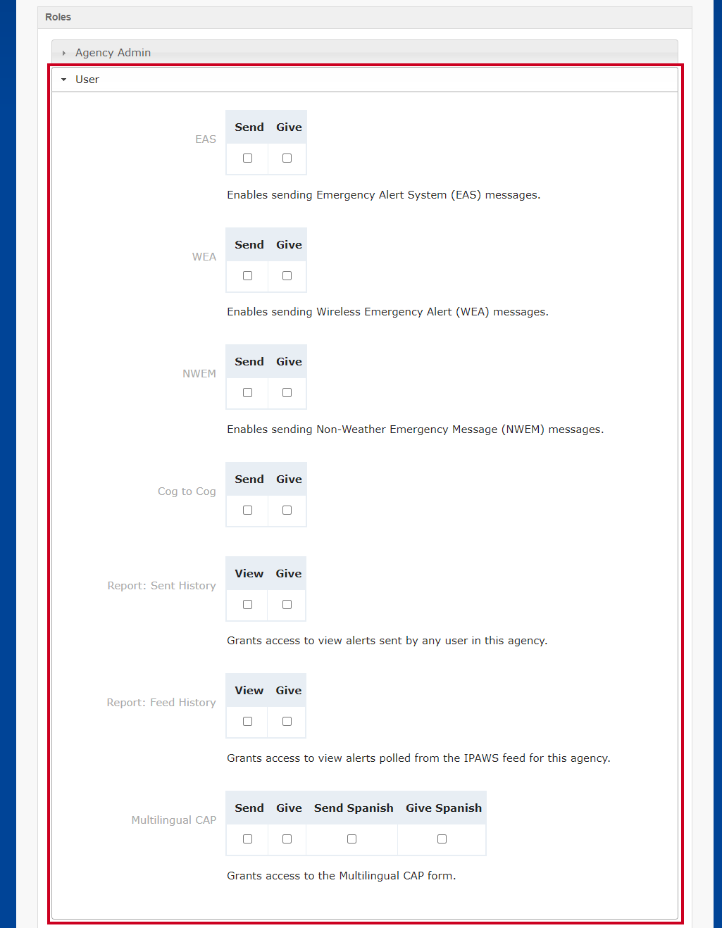 The User dropdown and multiple checkboxes within the Roles section.