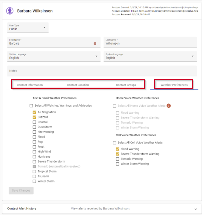 Contact Information and Weather Preferences tabs on user screen.