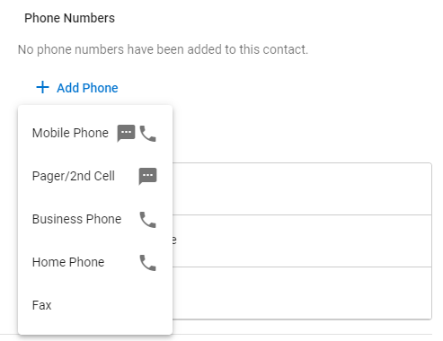 Phone Numbers options.