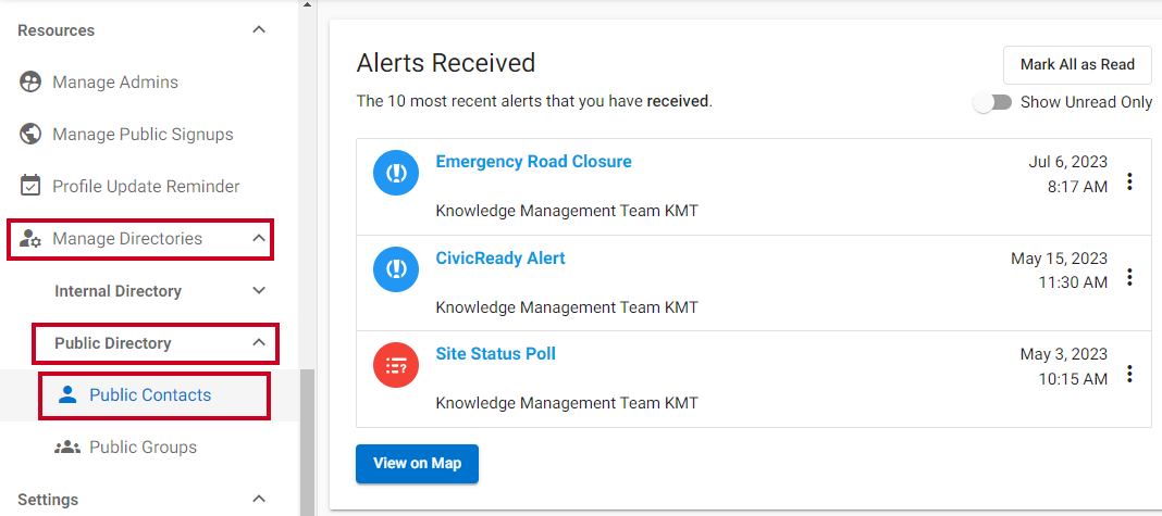 Manage Directories menu with Public Contacts selected.