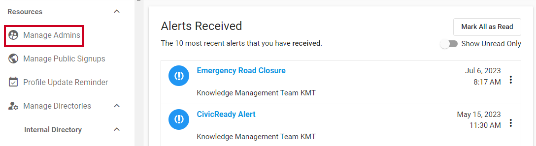 Manage Admins tab in left navigation.