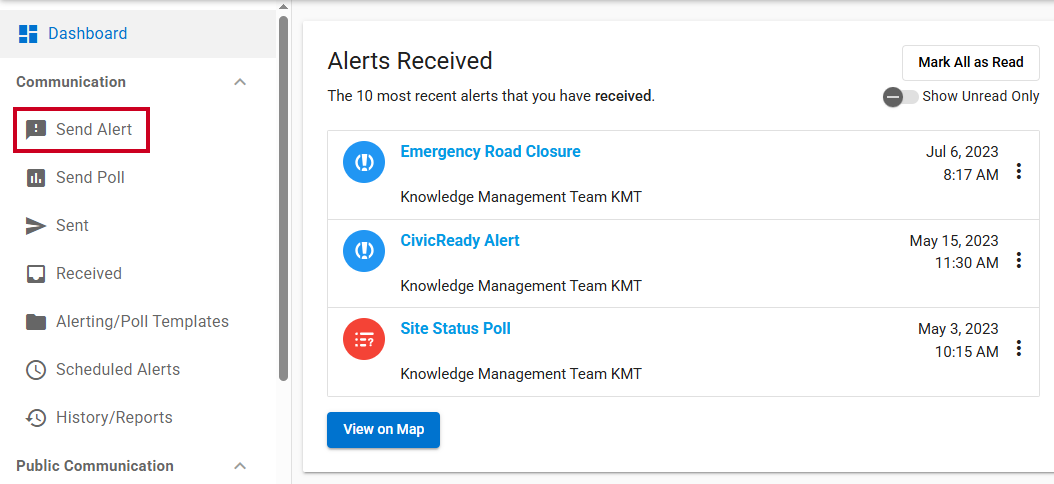 Send alert form in left navigation.