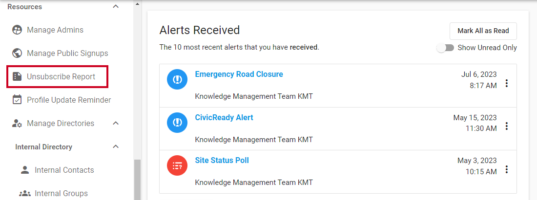 Unsubscribe Report in left menu.