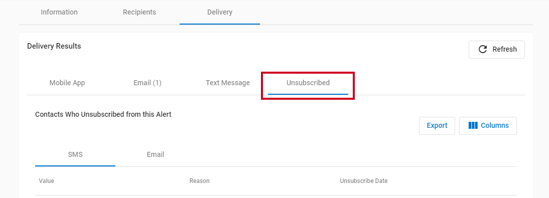 Unsubscribed tab on Alert Details page.
