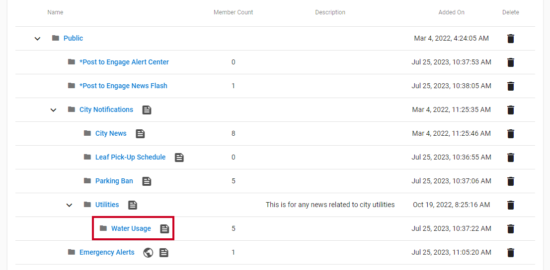 The Public Groups list with an example group highlighted.