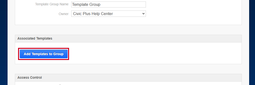 The blue, rectangular Add Templates to Group button within the Associated Templates section.