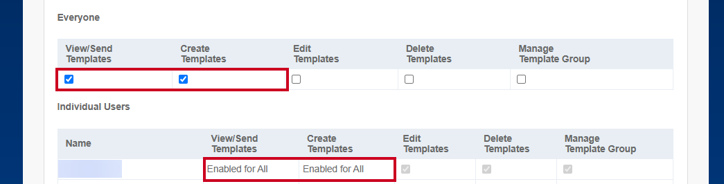 Two checkboxes selected within the Everyone section and those permissions being reflected for the first user in the Individual Users section.
