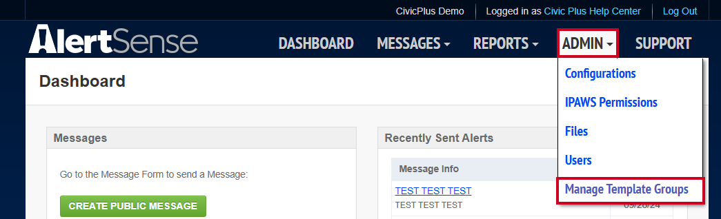 The IPAWS Admin tab with the Manage Template Groups option highlighted.