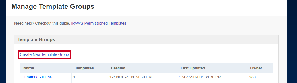 The Create New Template Group link on the Manage Template Groups page.