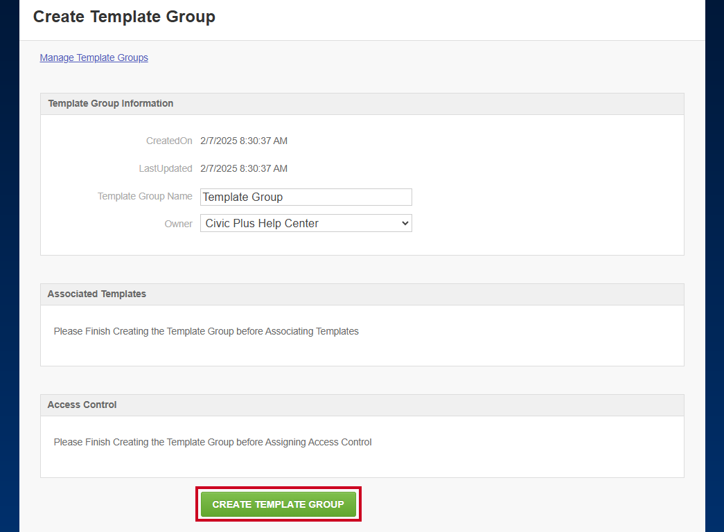 The green, rectangular Create Template Group button at the bottom of the Create Template Group page.