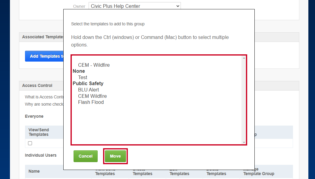 The existing templates list and the green, rectangular Move button below it.