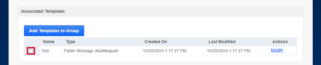 The checkbox next to an associated template.
