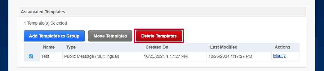 The red, rectangular Delete Templates button that appears above the Associated Templates list when templates are checked.