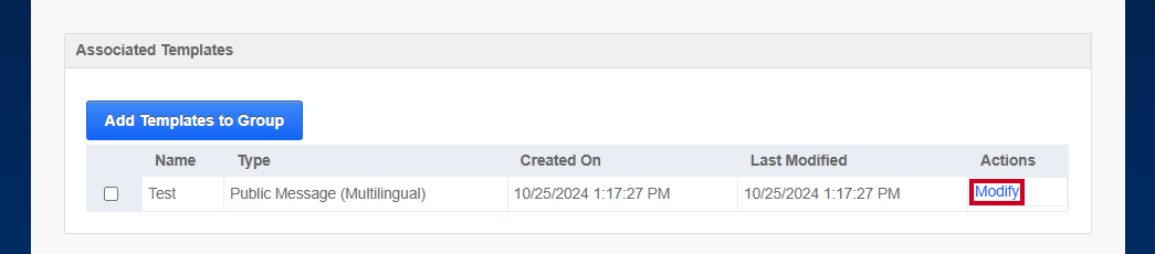 The Modify link to the right of an associated template name.