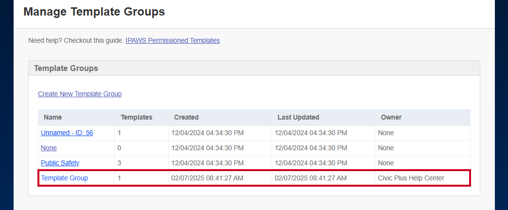 An example template group on Manage Template Groups page.