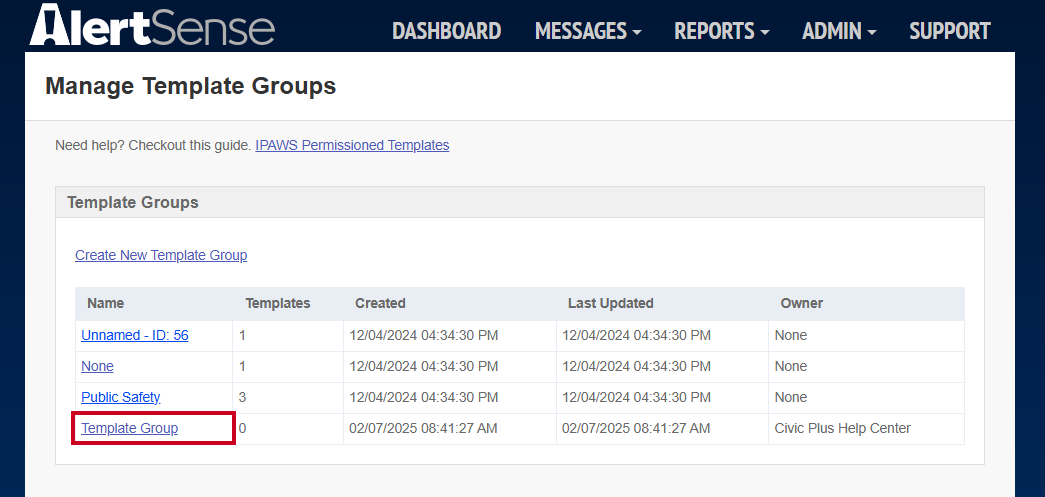 Example template group in the Template Groups list.