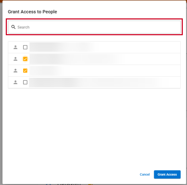 A Search bar below the Grant Access to People modal.