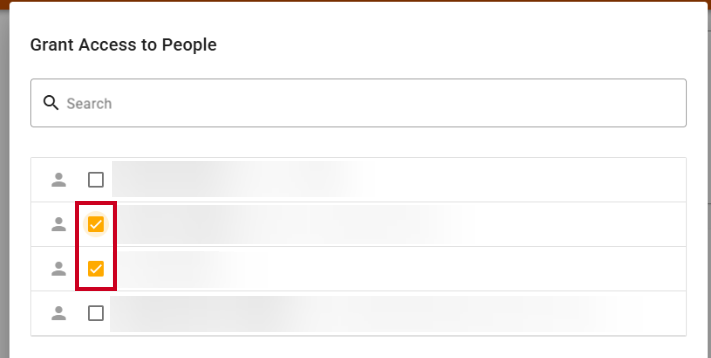 Checkboxes to the left of administrator names in the Grant Access to People modal.