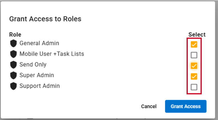 Checkboxes to the right of roles in the Grant Access to Roles modal.
