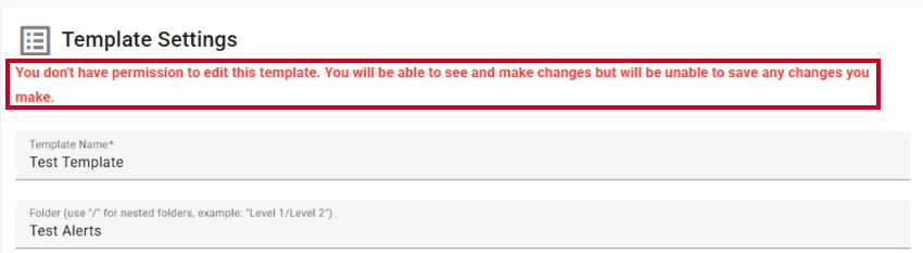 A 'You don't have permission' message at the top of the Template Settings page.
