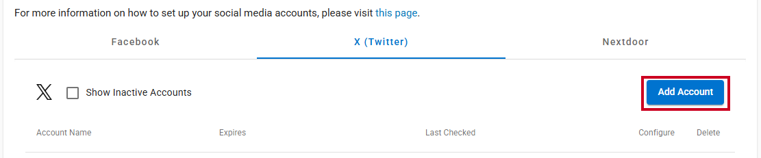 Add  Account button on the Twitter tab.