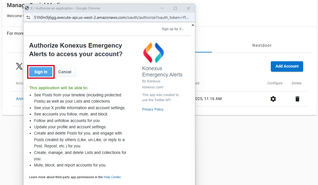 Sign in button on the X (Twitter) pop up.
