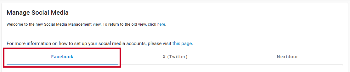 The Facebook tab on the Manage Social Media page.