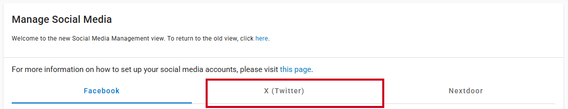 The X (Twitter) tab on the Manage Social Media page.