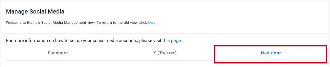 Nextdoor tab on the Manage Social Media page.
