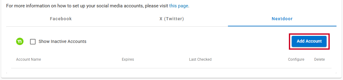 Add Account button on the Nextdoor tab.