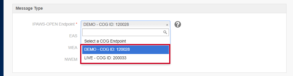 IPAWS Endpoint drop-down.