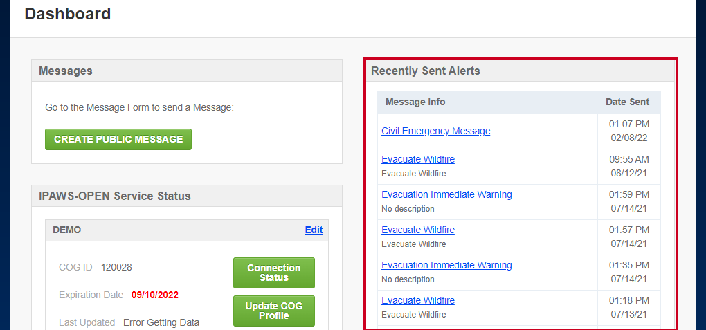 Recently sent alerts.